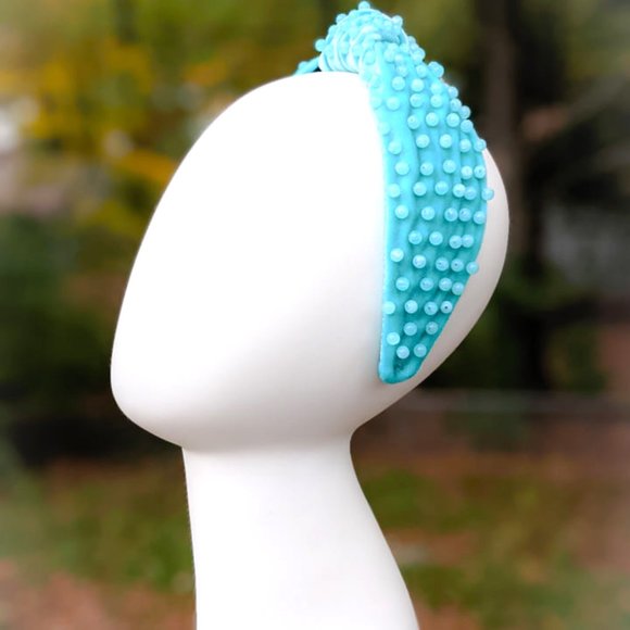Tiffany Blue Beaded Knot Velvet Headband Aqua Amazonite Acrylic Beads Handmade main image 9